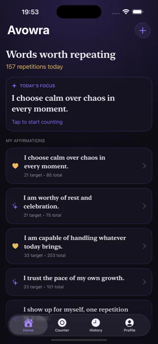 Avowra Home screen listing today's affirmations and streak
