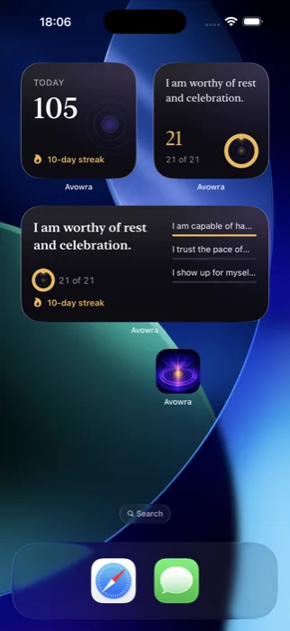 Avowra widgets on an iPhone home screen showing streak and progress